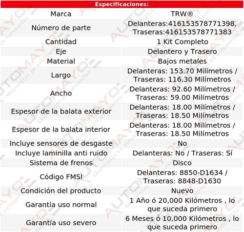Jgo Balatas Bajos Metales Del Y Tras Gla45 Amg 15-17