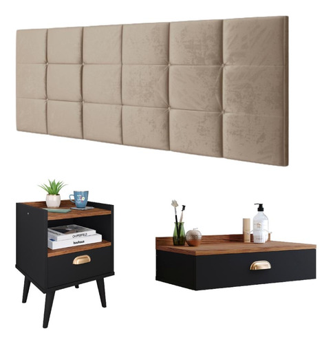 Penteadeira Camarim Mesa Cabeceira Nicho Painel Box Casal Cor Preto/Freijó | Bege Suede