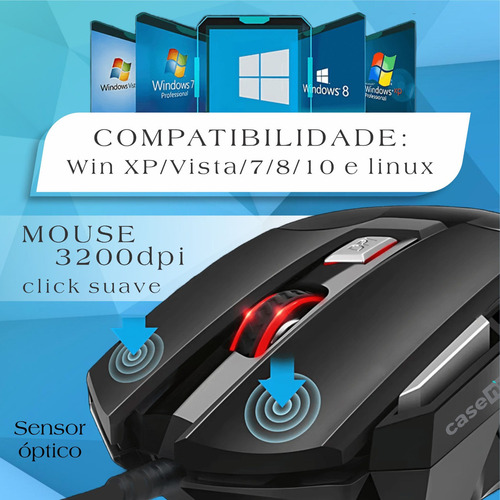 Mouse Gamer Para Jogo 3.200 Dpi Óptico Com Led Rgb Usb 7 Botões 4 Velocidades Dpi Ergométrico Casenn Preto