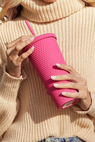 Vaso Texturizado Con Tapa Y Popote Vaso Doble Pared De 700ml Fucsia Diamante