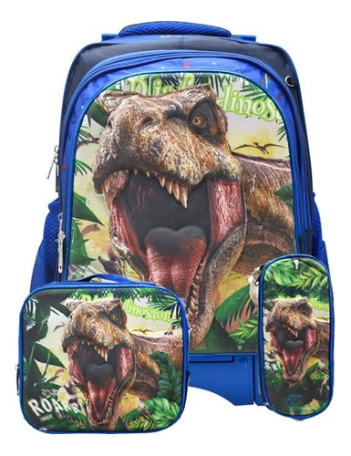 Mochila Lonchera Y Lapicera Con Ruedas Cabeza De Dinosaurio 3d Primaria Azul Marino Ll23bpm046 Lluvia