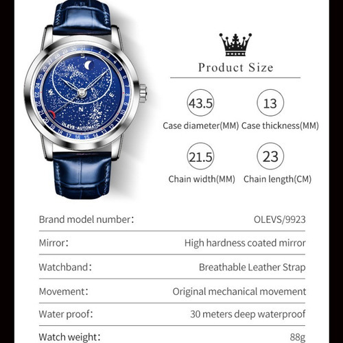 Reloj Automático Olevs 9923 Moon Phase Para Hombre Color del bisel Plateado
