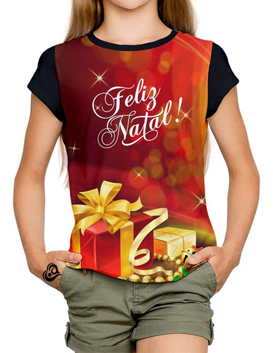 Camiseta Feliz Natal Meninas Infantil Papai Noel Blusa Est1