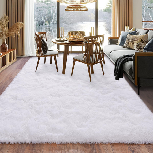 Alfombra Moderna Blanca Pelo Largo Dormitorio Mmg