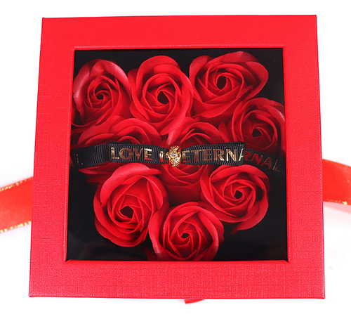 Caja Con Ventana, 9 Corazones, Rosas Rojas, Para El Día De S