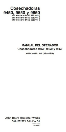 Manual De Operador Cosechadoras John Deere 9450/9550/9650