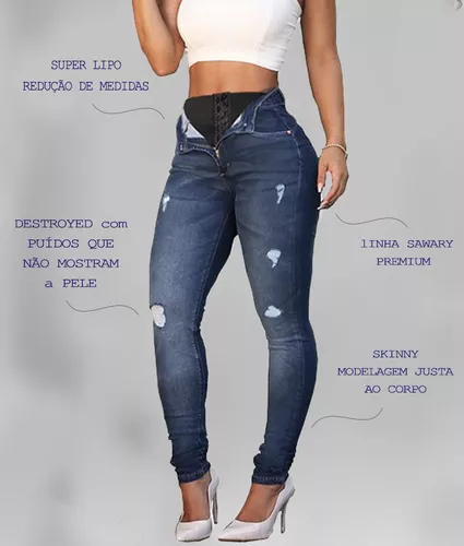 Calça Jeans Skinny Sawary Cintura Alta Feminina - Preto+Azul