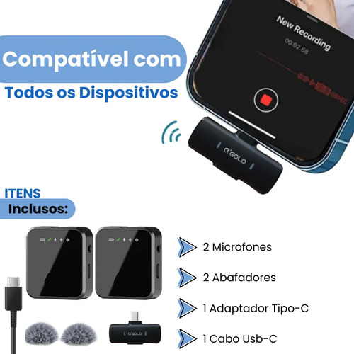 Microfone Sem Fio Duplo A Gold Lapela Celular Tipo-c Mcf-19 Preto