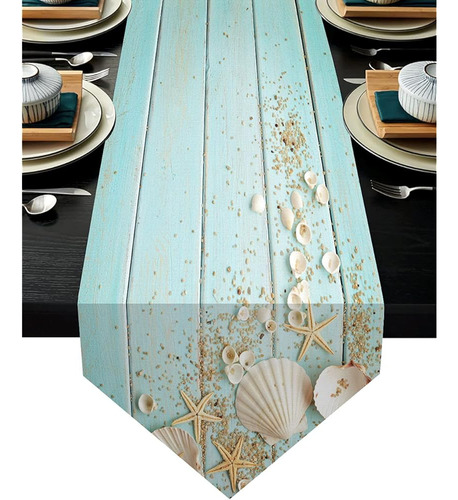 Kawani Starfish Seashell Ocean Beach Table Runner 13x70 Inch