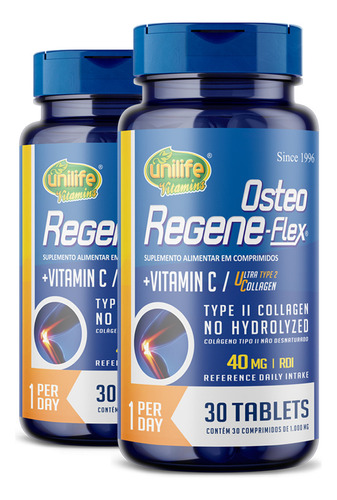 Kit 2 Colágeno Tipo 2 Ii 40mg Regeneflex Osteo Unilife 30 Tablets
