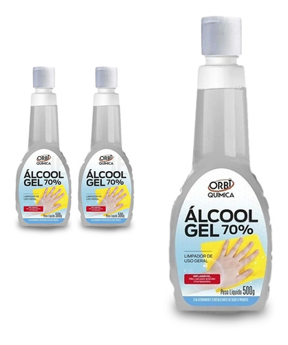 3 Unidades Álcool Em Gel 70% 500g