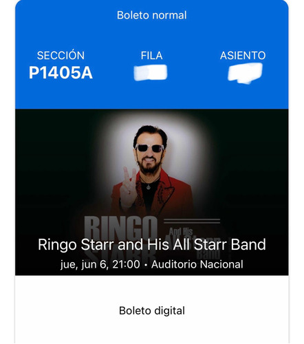 2 Boletos Digitales Concierto Ringo Starr Auditorio Nacional