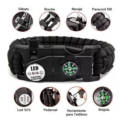 Pulsera Paracord Supervivencia Multi Elementos Luz Led Sos