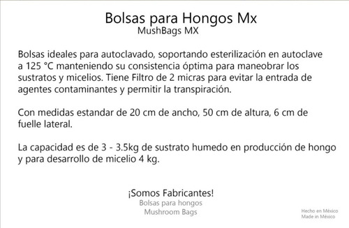 50 Bolsas Cultivo Hongos, Micelio/esterilizar Autoclave Y+