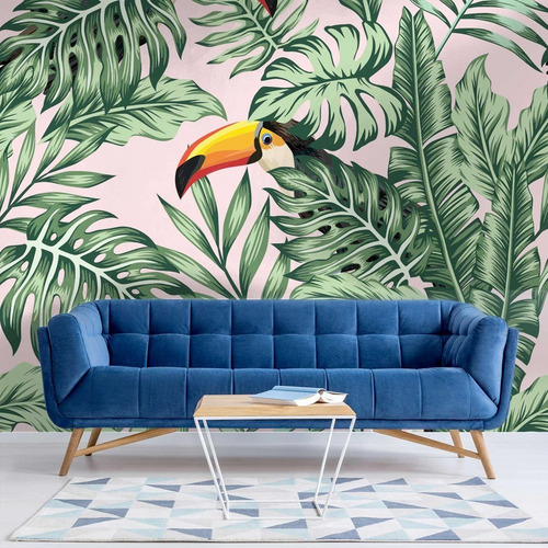 Vinil Decorativo Animales Tapiz Wallpaper Moderno Mod Color Tucanes Fondo Rosa