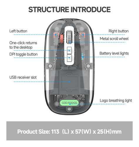 Mouse Wireless Recarregável Led Rgb Transparente