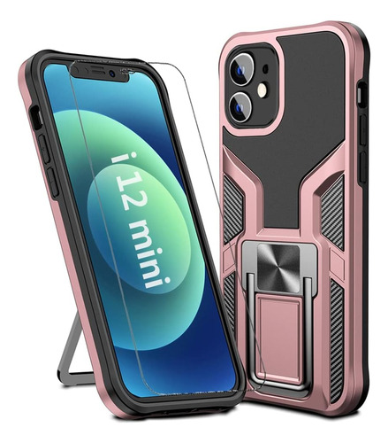 Funda Para iPhone 12 Mini - Negra/rosa Con Soporte + Vidrio