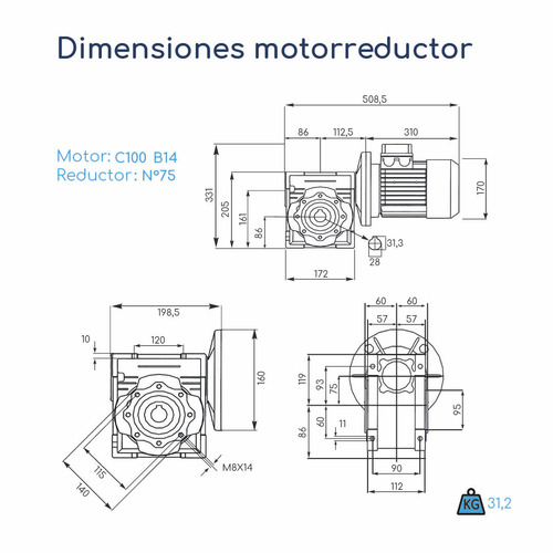 Motorreductor Trifásico 3hp Caja 75 1:15 100rpm 156,7n.m