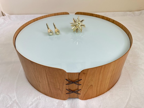 Mesa De Centro Istambul Amadeirado Com Vidro Branco 80cm Cor Amadeirado/branco