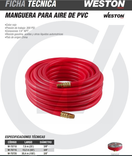 Manguera P/aire D/pvc Roja 3/8'' X 100 Ft Conector 1/4'' Npt