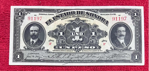 Billete Revolucionario 1 Peso Sonora 1913