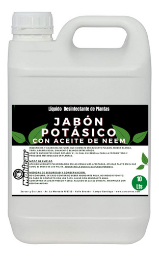 Jabon Potásico Liquido Con Aceite De Neem 10 Lts