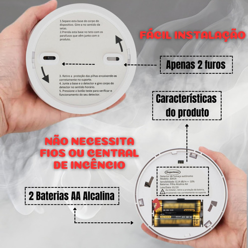 Kit 5 Detector De Fumaça Autônomo Residencial Bateria5 Anos Branco