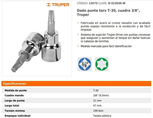 Dado De Punta Torx T-30 Cuadro 3/8 Truper 13573
