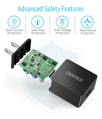 Cargador De Pared Usb Certificado Ui 2.4a 12w Para iPhone Galaxy Huawei Y Otros Universal Celulares Premium - Choetech Color Negro