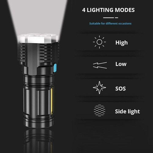 Linterna Led De Alta Potencia Recargable 4 Modos Luz Lateral