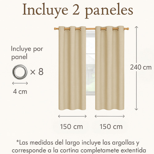 Cortina Imperial Lino Blackout 2pzs 240cm Alto X 150cm Ancho Beige