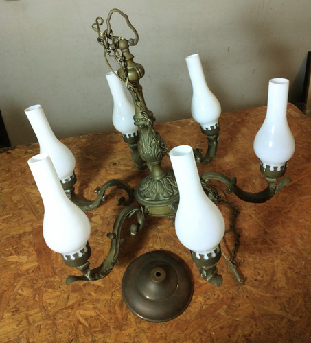 Araña Antigua De Bronce Macizo 6 Luces Con Tulipas. (Usado)