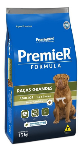 Premier Ração P/ Cães Adulto Raças Grandes Cordeiro 15kg