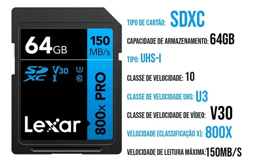Cartão de Memória 64GB Lexar SDXC 800x UHS-I Classe 10 para Vídeo