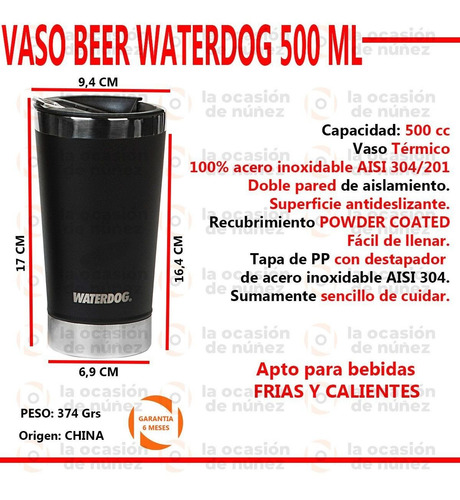 Imagen 2 de 7 de Vaso Termico Acero Inxidable Waterdog Beer 500cc Cerveza