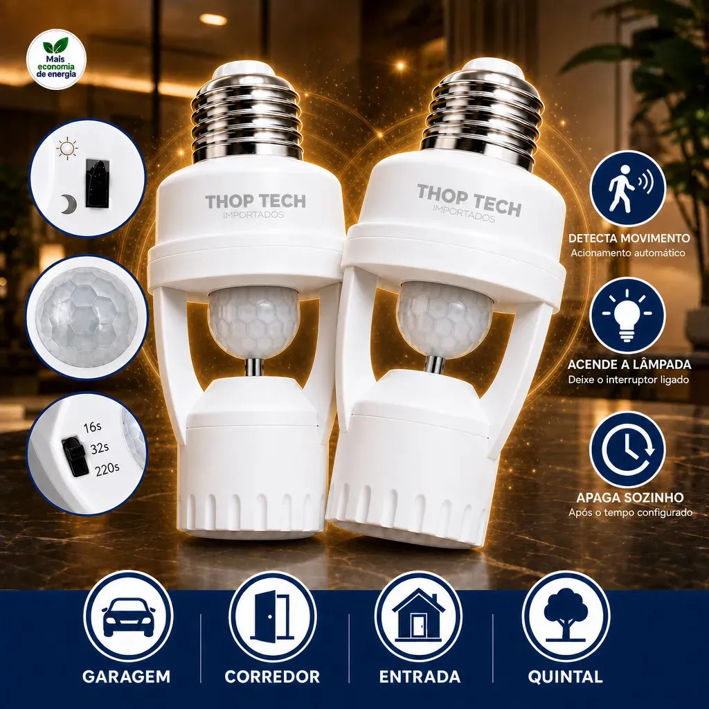 Kit 2 Sensores De Presença Iluminação Lâmpada Soquete E27 Com Fotocélula Thop Tech Importados