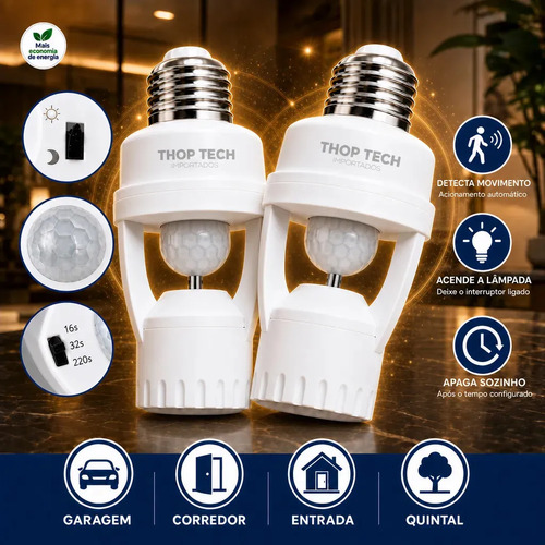 Kit 2 Sensor De Presença E Movimento Iluminação Lâmpada Soquete E27 Fotocélula Infravermelho Bivolt Acende E Desliga Automático Thop Tech...