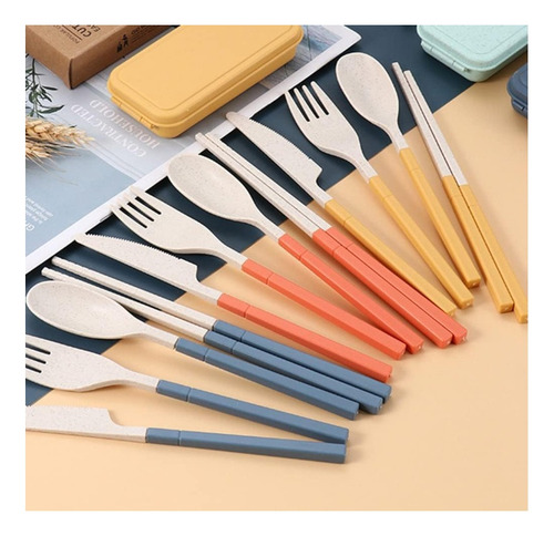 Juego De Cubiertos Portátiles Con Estuche Colores Set Comida Azul
