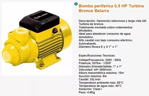 Bomba Agua 1/2 Hp Periferica Centrifuga Belarra Tanque