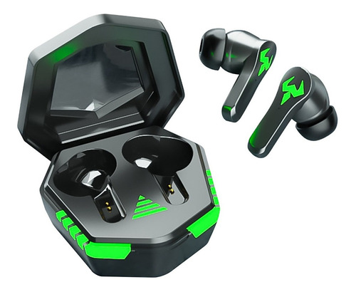 Fone de ouvido in-ear gamer sem fio N35 preto com luz  verde LED