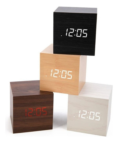 Reloj Digital Despertador Cubo De Madera Luz Led 