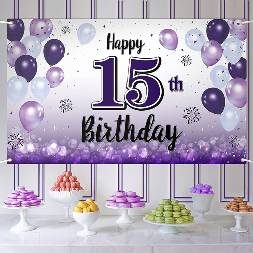 Cartel Grande Morado De Feliz Cumpleaños 15  Saludos A Los 