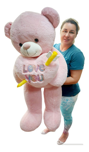 Urso Rosa Gigante Grande De Pelúcia 110cm Cheio + Coração