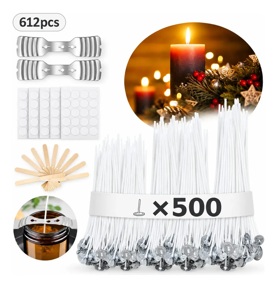 612PCS pabilos para velas Kit 500PCS de 10cm 15cm 20cm Mechas para Velas Costa Pabilos de Algodón Pre-Encerados para Hacer Velas Artesanales con Accesorios