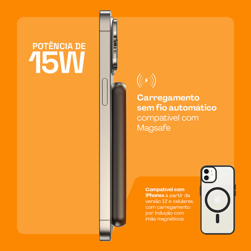 Power Bank Indução 5.000mha UltraSlim 20w Magsafe Usb-c Magnético Preto Geonav