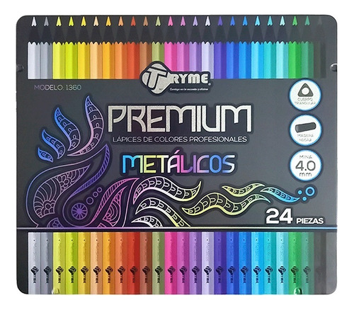 24 Lapices De Colores Metalicos Tryme Profesionales Premium