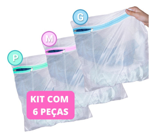Kit 6 Sacos Saquinhos Com Ziper P Lavar Roupa Delicada P/m/g Cor Variada