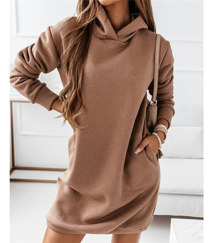 Vestido De Mujer De Color Liso De Manga Larga Con Capucha De