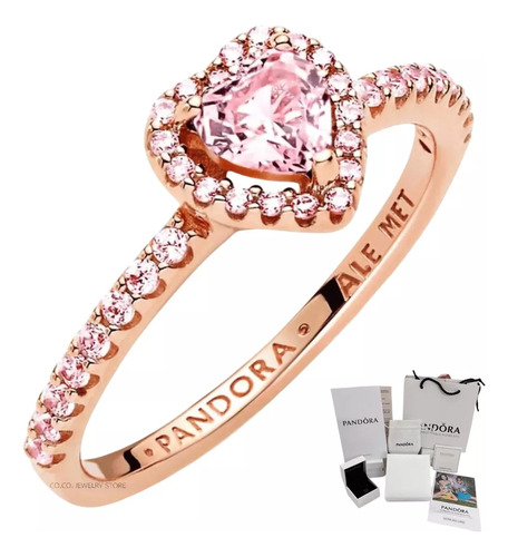 Anillo Pandora Corazón Brillante Rosa Elevado + Kit D Regalo