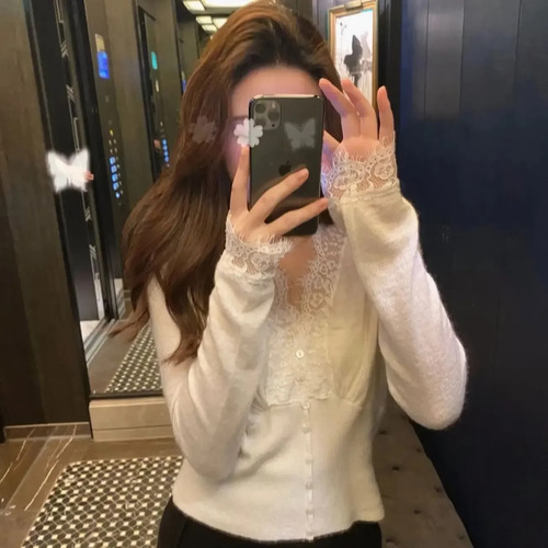 Cárdigan Con Cuello En V Y Ribetes De Encaje Para Mujer